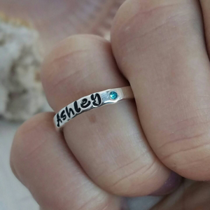 3mm Custom Name with Birthstone Ring - Sterling Silver