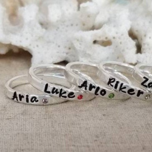 3mm Custom Name with Birthstone Ring - Sterling Silver